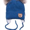 Dětská zimní čepice s fleecem Teddy Bear- chlupáčk. bambulky – tm. modrá, šedá