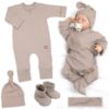 Rostoucí žebrovaný overálek, čepička a botičky, 3D, Nature – toffi, vel. 62/68
