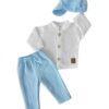 Elegantní mušelínová 3D sada – košile, kalhoty + čepice, 3D sada, bílá/modrá, vel. 62