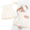 Luxusní šatičky s krajkou Sofia, krátkým rukávek  + čelenka ,2D sada, smetanové
