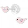 Dětské stříbrné náušničky premium Ptáček růžový, puzetové, silikon