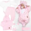 Žebrovaná sada, Star 5D, body, polodupačky, kabátek, čepička, rukavice – růžová, bílá,68