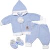 3-dílná souprava Hand made, pletený kabátek, kalhoty a botičky, modrá
