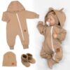 Rostoucí teplákový overal pro miminko, čepice, botky, 3D, Nature – karamelová
